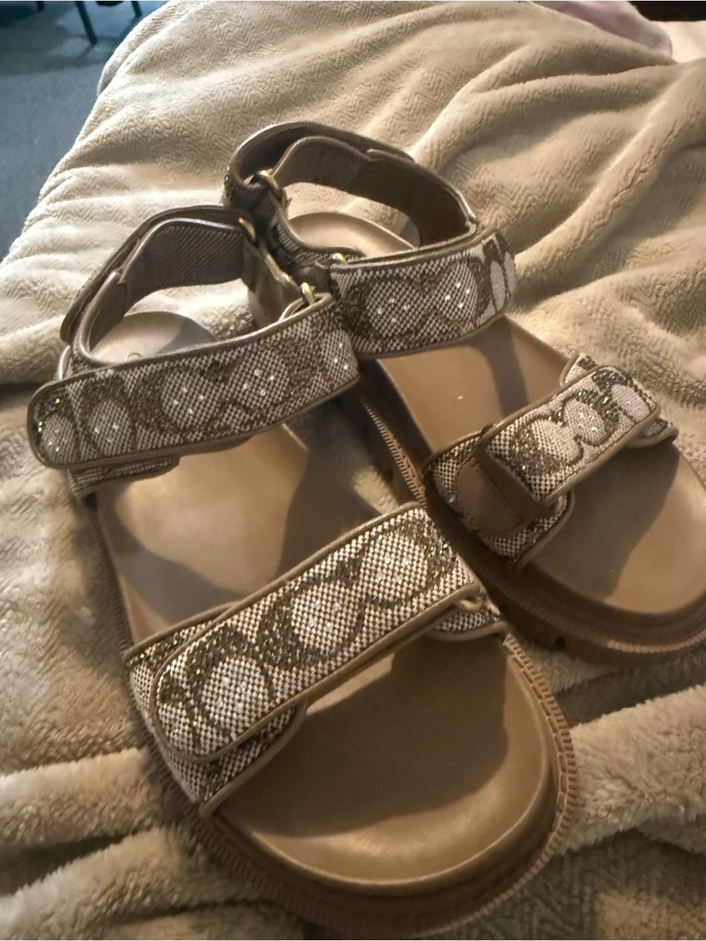 Coach Taupe Signature Canvas Adjustable Velcro Sandals